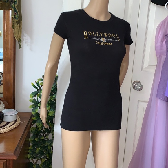 Hollywood California y2k Cap sleeve black skinny slim fitted T-shirt tunic top M - Picture 4 of 9